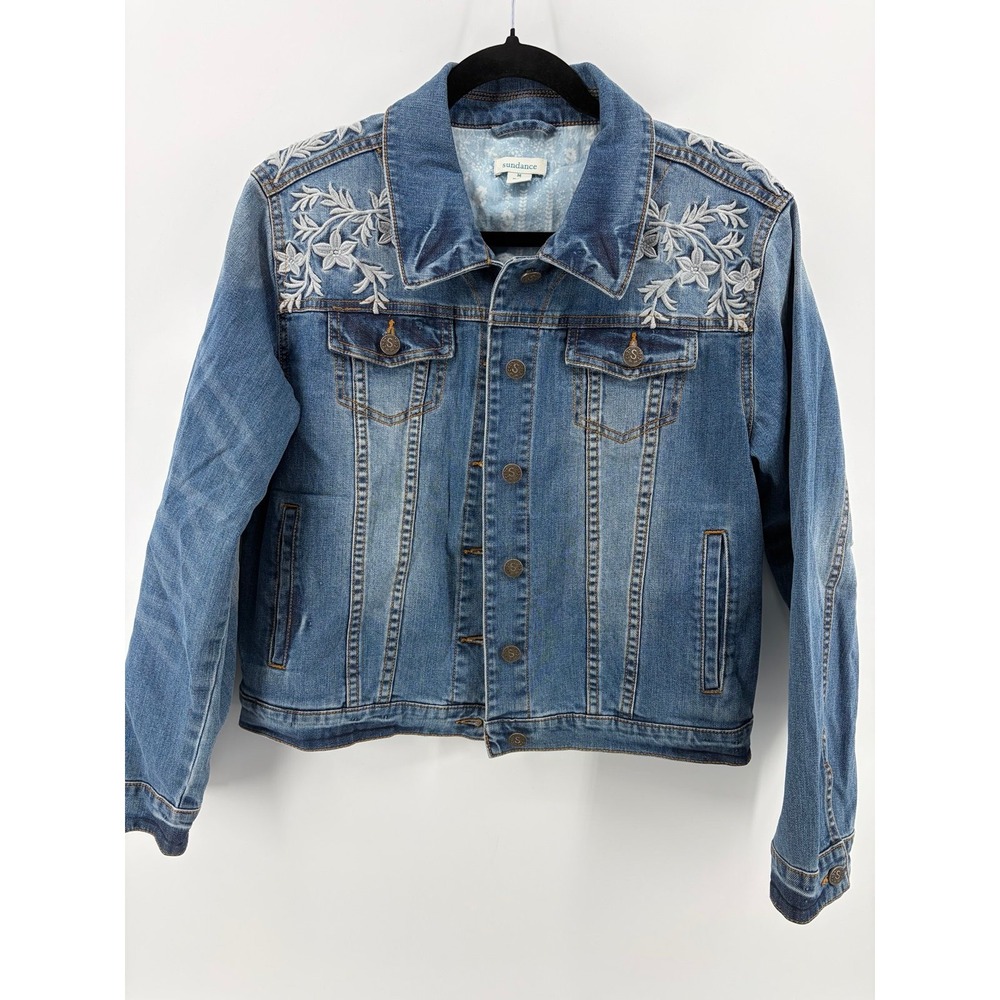 Sundance Denim Jean Jacket Floral Embroidery, Cottage Core, M Pre-Own